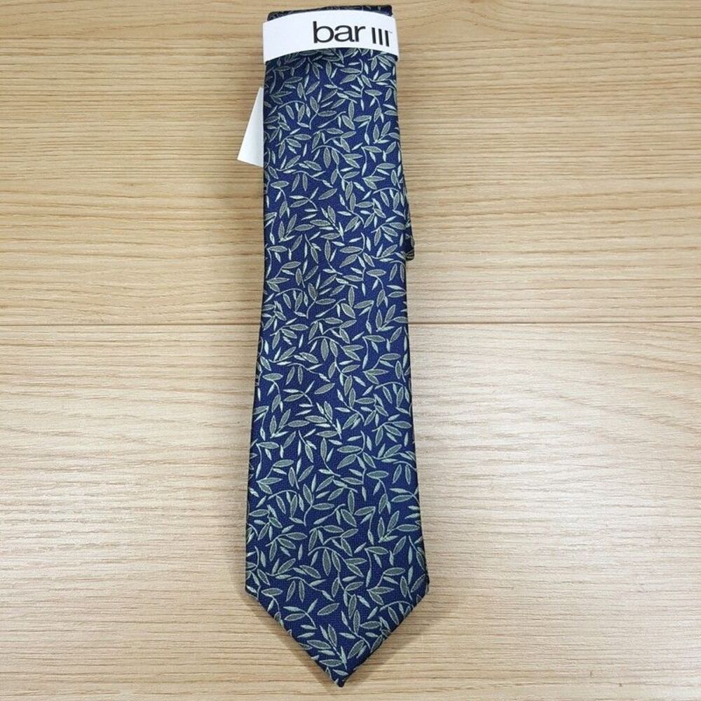 BAR III Mens Neck Tie Blue Green Floral Vine Slim Woven Silk Blend Pointed - Picture 2 of 5